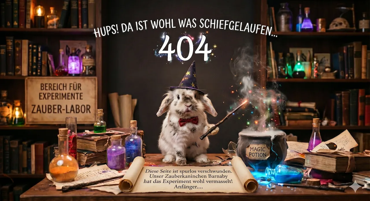 Ein Kaninchen mit Zauberhut und Zauberstab in einem Zauberlabor. Im Bild steht: Hups! Da ist wohl was schiefgelaufen … 404. Diese Seite ist spurlos verschwunden. Unser Zauberkaninchen Barnaby hat das Experiment wohl vermasselt!